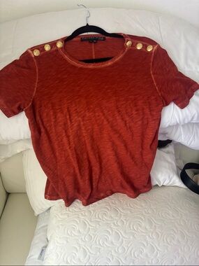 Veronica Beard Rust Short Sleeve Tee with Gold Shoulder Buttons